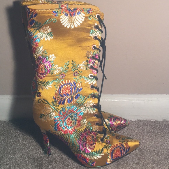 Floral Brocade Mid Calf Satin Boots - Picture 3 of 3